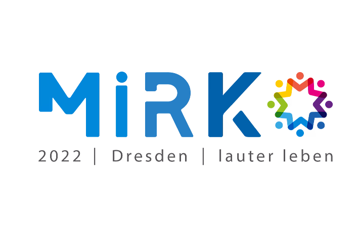 Logo von MiRK 2022 in Dresden, mit dem Slogan „lauter leben“ und farbigen Symbolen der Gemeinschaft.