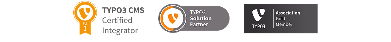 Drei Abzeichen für TYPO3: Zertifizierter Integrator, Lösungspartner, Goldmitglied der TYPO3 Association.