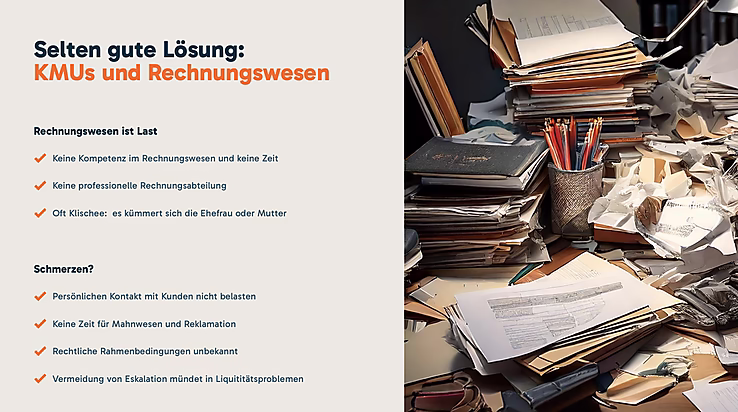 Selten gute Lösung: Herausforderungen im Rechnungswesen für KMUs, inklusive Zeitmangel und fehlender Expertise.