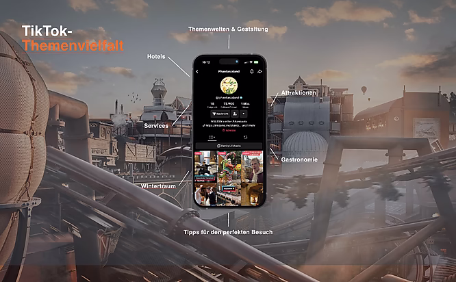 Smartphone zeigt TikTok-Profil mit Tipps zu Hotels, Gastronomie und Attraktionen für einen besonderen Besuch im Phantasialand.