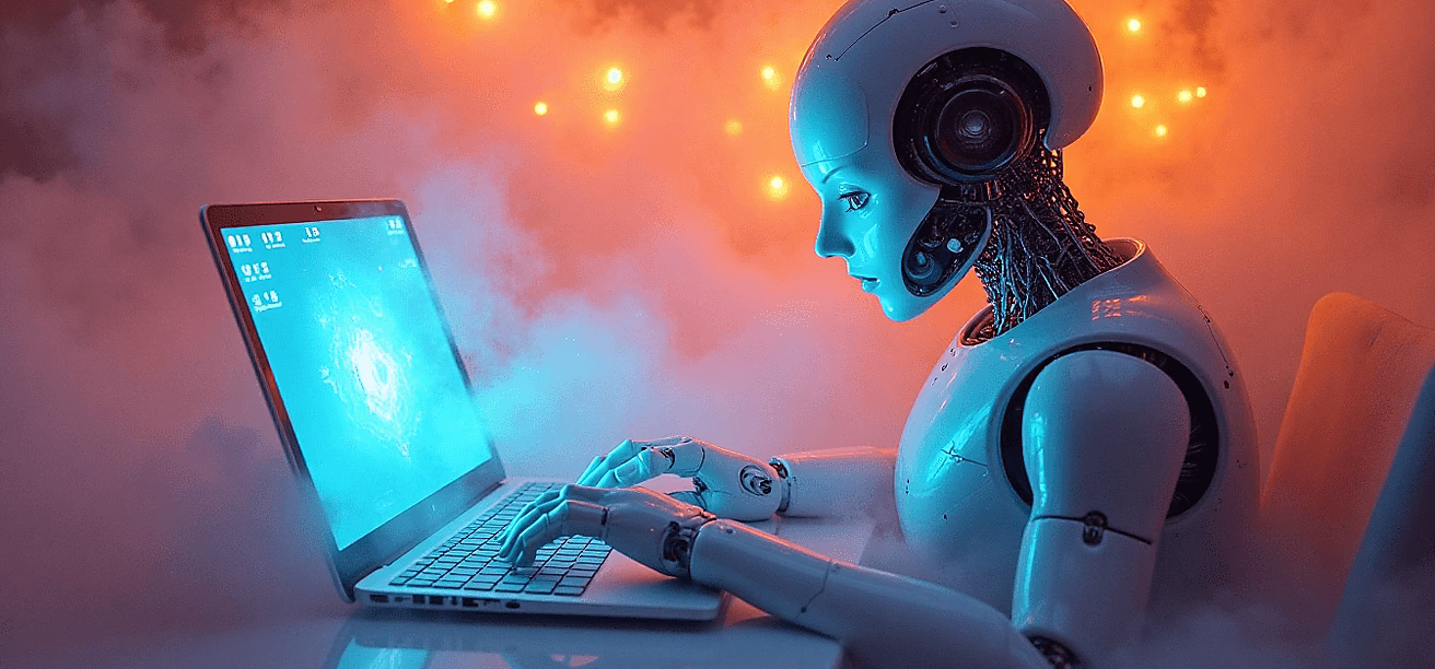 Ein humanoider Roboter sitzt an einem Laptop und interagiert mit dem Bildschirm inmitten von Rauch und Licht.