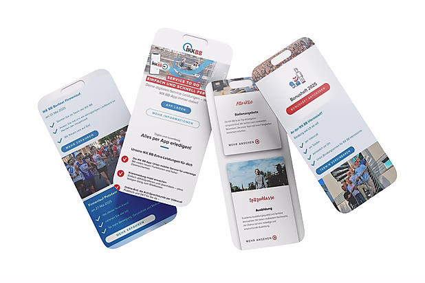 Mehrere Informationskarten zur IKK BB, Themen: App-Services, Stellenangebote und Ausbildungsmöglichkeiten.