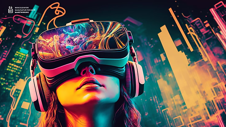 Eine Person trägt eine VR-Brille, während sie in eine farbenfrohe, digitale Welt blickt, umgeben von futuristischen Elementen.