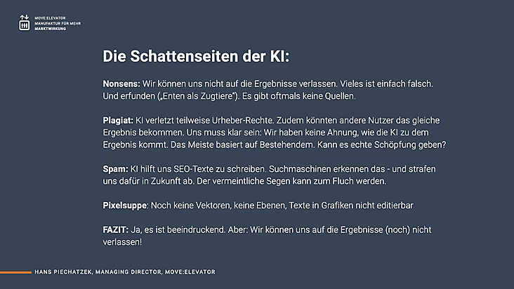 Text über die Schattenseiten der KI: Nonsens, Plagiat, Spam, Pixelsuppe. Fazit: Ergebnisse sind nicht verlässlich.