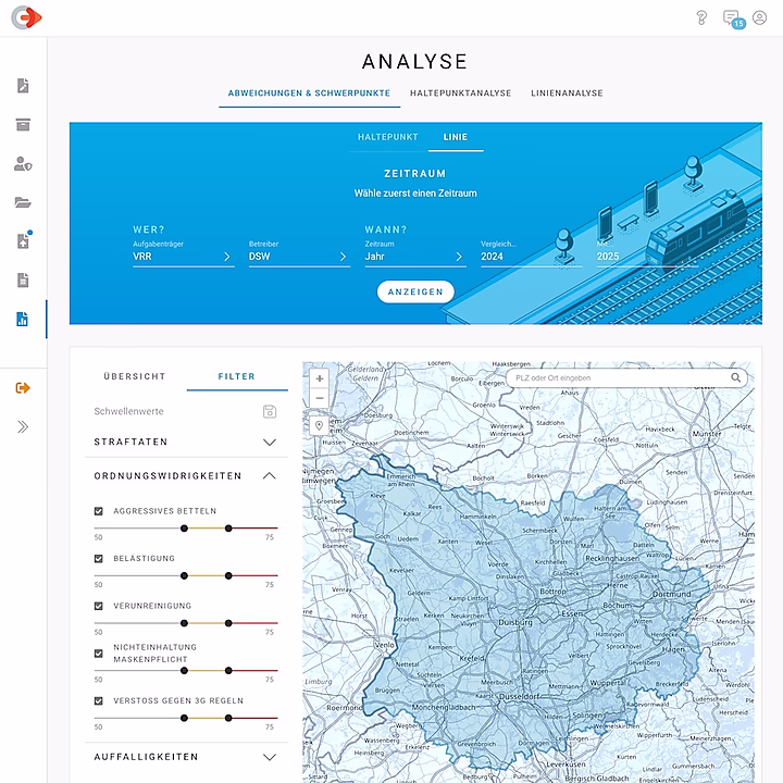 Analyse-Interface mit Optionen zur Auswahl von Haltestellen, Zeiträumen und Filtern für ordnungswidrige Tätigkeiten in einer Karte.