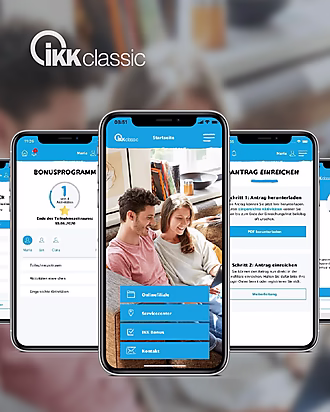 Darstellung der IKK classic App auf Smartphones, mit Funktionen wie Bonusprogramm, Antragseinreichung und Onlinefiliale.
