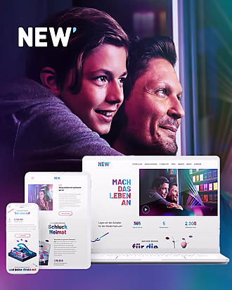 Visualisierung der neuen Corporate Identity der NEW AG mit modernen Designelementen, responsiver Website-Darstellung und emotionaler Bildsprache.