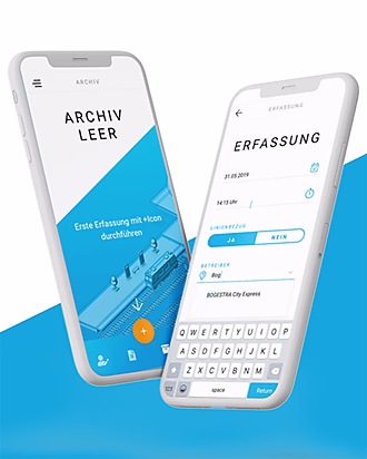 Zwei Smartphones zeigen die Benutzeroberfläche einer individuellen Erfassungs-App für ein Bundesland in NRW, die eine einfache Dateneingabe und Archivverwaltung ermöglicht.