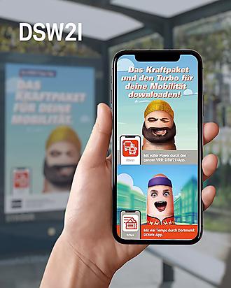 Mockup von Kampagnenmotiven für die DSW21-APP auf einem Mobilgerät