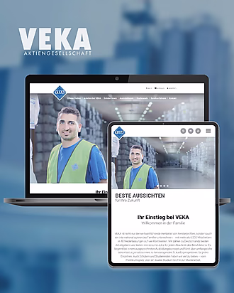 Bildschirmansichten der VEKA-Karriere-Website, die einen Mann in Warnweste in einem Lager zeigt und weiteren Informationen zu Karrieremöglichkeiten.