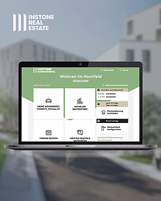 Laptop-Bildschirm zeigt das Kundenportal von Instone Real Estate mit Informationen zu Wohnung, Baufortschritt und Terminen.