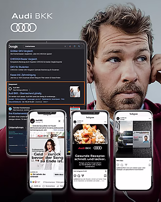 Darstellung der Audi BKK Werbekampagne mit Google Ads und Social-Media-Anzeigen, die Themen wie Zahngesundheit und gesunde Rezepte hervorheben.