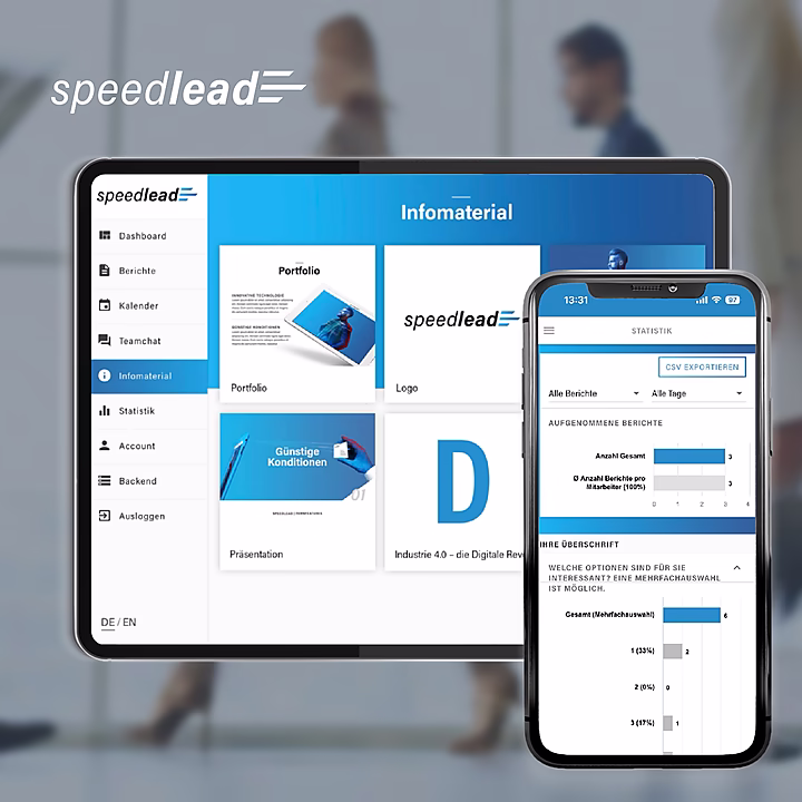 Tablet und Smartphone zeigen die Benutzeroberfläche der Anwendung "speedlead" mit Informationen zu Statistiken und Infomaterialien.