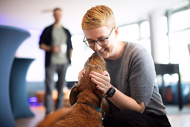 Eine Person kniet und lächelt glücklich zu einem Hund, den sie sanft streichelt. Die Atmosphäre ist freundlich und entspannt.