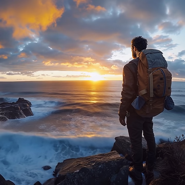 Abenteurer blickt auf das Meer bei Sonnenuntergang.