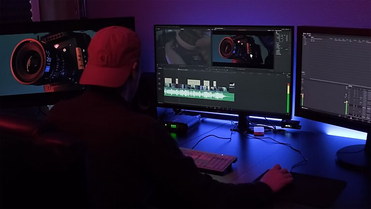 Eine Person sitzt an einem Tisch und bearbeitet Videos auf zwei Monitoren in einem dunklen Raum mit blauer Hintergrundbeleuchtung.