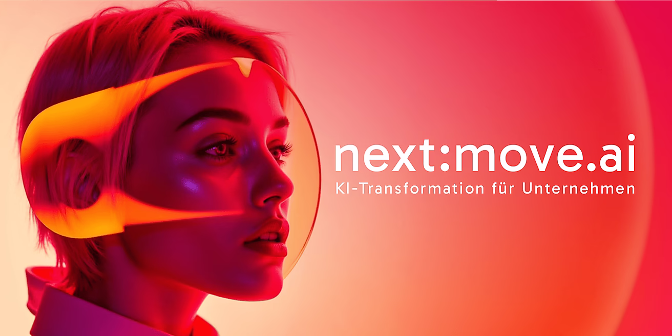 Profilansicht einer Person mit futuristischem Headset, umgeben von leuchtenden, warmen Farbverläufen; Text: "next:move.ai - KI-Transformation für Unternehmen".