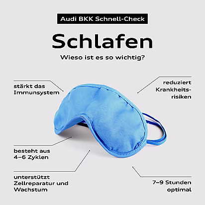 Social Media Post: zum Thema Schlafen: Schlafmaske mit Informationen zu den Vorteilen von gesundem Schlaf: stärkt das Immunsystem, reduziert Krankheitsrisiken, unterstützt die Zellreparatur, besteht aus 4-6 Zyklen, 7-9 Stunden sind optimal.