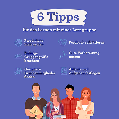 Social Media Post mit sechs Tipps für das Lernen in Gruppen: Ziele setzen, Gruppengröße beachten, geeignete Gruppenmitglieder finden, Feedback reflektieren, gut vorbereiten, Aufgaben und Abläufe festlegen.