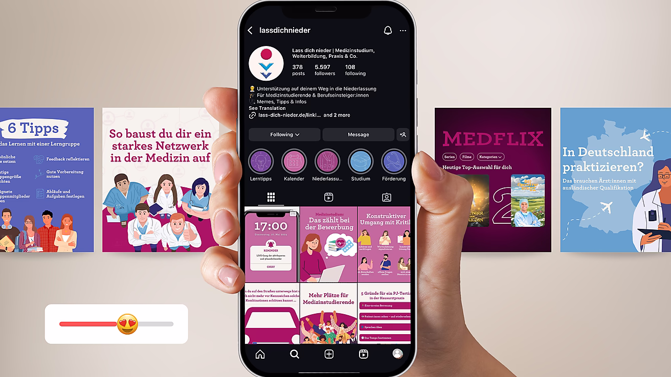 Eine Hand hält ein Smartphone mit der Instagram-Seite der KBV. Im Hintergrund sind einzelne Posts des Kanals zu sehen.